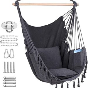 HFKJ Hammock Chair Hanging Rope Swing Chair with 2 Seat Cushions & Installation Kit, Max 330 Lbs, Handmade Macrame Hanging Chair for Bedroom Patio Yard Garden, Dark Grey