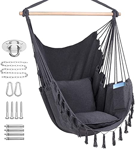 HFKJ Hammock Chair Hanging Rope Swing Chair with 2 Seat Cushions & Installation Kit, Max 330 Lbs, Handmade Macrame Hanging Chair for Bedroom Patio Yard Garden, Dark Grey