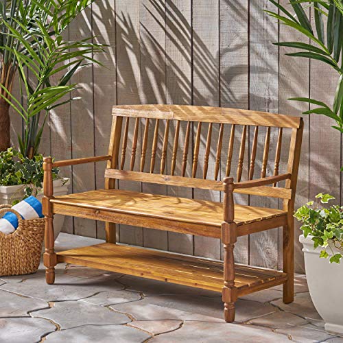 Christopher Knight Home Cody Outdoor Acacia Wood Bench with Shelf, Teak Finish