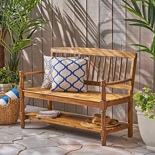 Christopher Knight Home Cody Outdoor Acacia Wood Bench with Shelf, Teak Finish