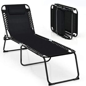 giantex outdoor chaise lounge adjustable sunbathing seat w/pillow,4-level backrest portable and foldable patio recliner for lawn, beach, backyard, gardens, poolside lounge chair (1, black)