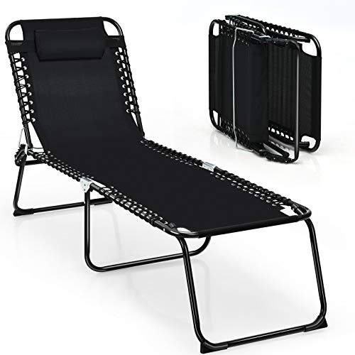 Giantex Outdoor Chaise Lounge Adjustable Sunbathing Seat W/Pillow,4-Level Backrest Portable and Foldable Patio Recliner for Lawn, Beach, Backyard, Gardens, Poolside Lounge Chair (1, Black)