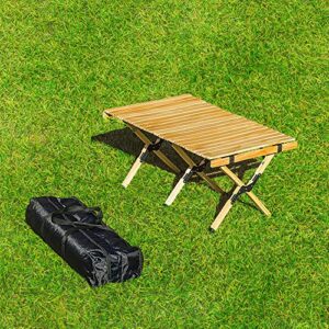pluatyep travel camping 4ft folding low height table portable wooden outdoor picnic table cake roll wooden table with a carry bag for picnic bbq camp travel patio backyard beach(medium table)