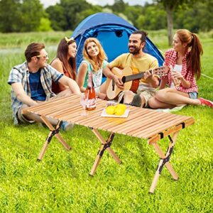 Pluatyep Travel Camping 4ft Folding Low Height Table Portable Wooden Outdoor Picnic Table Cake Roll Wooden Table with a Carry Bag for Picnic BBQ Camp Travel Patio Backyard Beach(Medium Table)