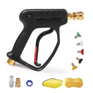 mekoh high pressure washer short gun, 5000 psi 12 gpm industrial pressure power water spray gun, with 5 nozzle tips, 1/4” outlet, 3/8” quick connect，m22-14mm fitting, ptfe tape and car sponge