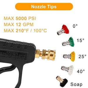 MEKOH High Pressure Washer Short Gun, 5000 PSI 12 GPM Industrial Pressure Power water Spray Gun, with 5 Nozzle Tips, 1/4'' Outlet, 3/8'' Quick Connect，M22-14mm Fitting, PTFE Tape and Car Sponge