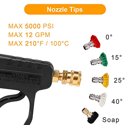 MEKOH High Pressure Washer Short Gun, 5000 PSI 12 GPM Industrial Pressure Power water Spray Gun, with 5 Nozzle Tips, 1/4'' Outlet, 3/8'' Quick Connect，M22-14mm Fitting, PTFE Tape and Car Sponge