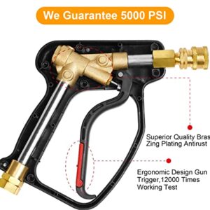 MEKOH High Pressure Washer Short Gun, 5000 PSI 12 GPM Industrial Pressure Power water Spray Gun, with 5 Nozzle Tips, 1/4'' Outlet, 3/8'' Quick Connect，M22-14mm Fitting, PTFE Tape and Car Sponge