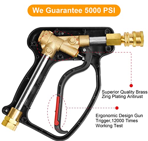 MEKOH High Pressure Washer Short Gun, 5000 PSI 12 GPM Industrial Pressure Power water Spray Gun, with 5 Nozzle Tips, 1/4'' Outlet, 3/8'' Quick Connect，M22-14mm Fitting, PTFE Tape and Car Sponge