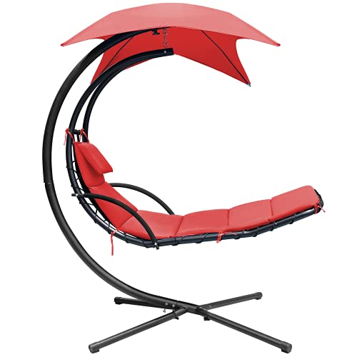 Greesum Hanging Curved Lounge Chaise Chair, Hammock Swing Chaise Chair, Floating Bed Furniture with Pillows, Canopy, Orange