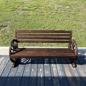 kinfant patio bench wooden garden seat – 55” outdoor rustic brown 2-person wagon wheels furniture