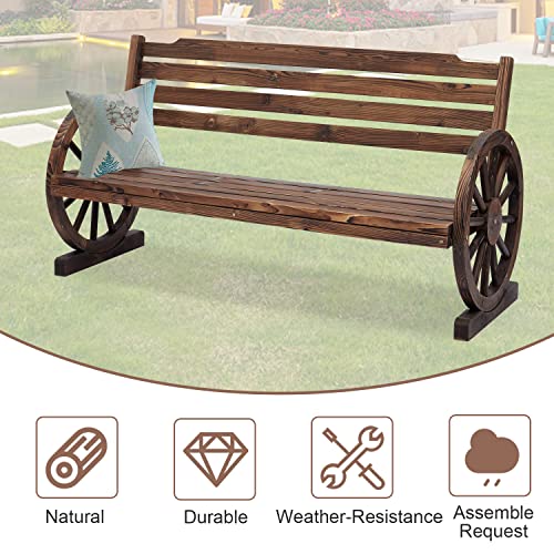 Kinfant Patio Bench Wooden Garden Seat - 55” Outdoor Rustic Brown 2-Person Wagon Wheels Furniture