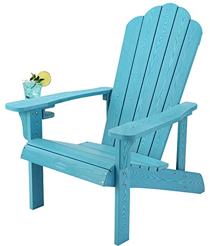 Adirondack Chair Weather Resistant , Hard Plastic Adirondack Chair with Cup Holder, Comfortable Easy to Assemble and Maintain, Outdoor Chair for Patio, Backyard Deck, Fire Pit & Lawn Porch - Lake Blue