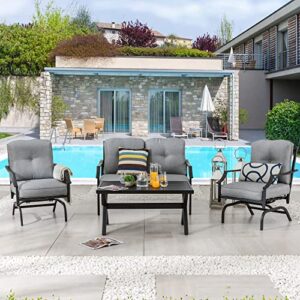 lokatse home 4 pieces outdoor conversation furniture bistro metal seating patio armchairs loveseat set with cushion & coffee table, 4 pcs chair, grey