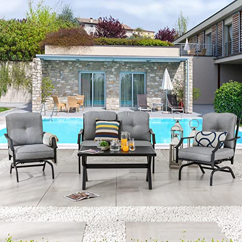 LOKATSE HOME 4 Pieces Outdoor Conversation Furniture Bistro Metal Seating Patio Armchairs Loveseat Set with Cushion & Coffee Table, 4 pcs Chair, Grey