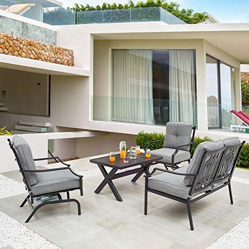 LOKATSE HOME 4 Pieces Outdoor Conversation Furniture Bistro Metal Seating Patio Armchairs Loveseat Set with Cushion & Coffee Table, 4 pcs Chair, Grey