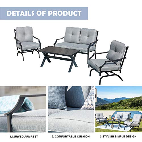 LOKATSE HOME 4 Pieces Outdoor Conversation Furniture Bistro Metal Seating Patio Armchairs Loveseat Set with Cushion & Coffee Table, 4 pcs Chair, Grey