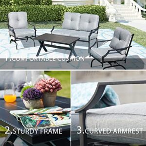 LOKATSE HOME 4 Pieces Outdoor Conversation Furniture Bistro Metal Seating Patio Armchairs Loveseat Set with Cushion & Coffee Table, 4 pcs Chair, Grey