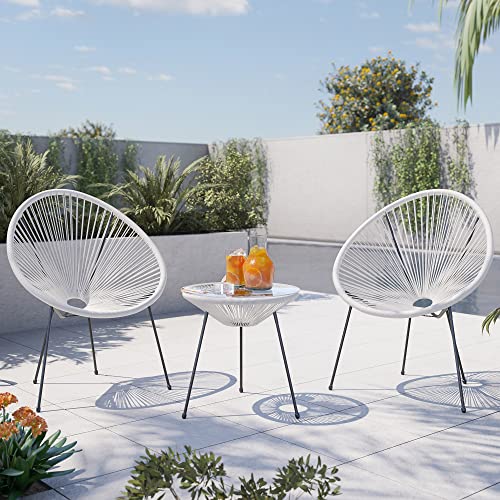 BELLEZE 3 Piece Modern Rattan Patio Bistro Set with Round Chairs and Glass Top Accent Table, Wicker Outdoor Furniture for Backyard or Porch - Acapulco (White)