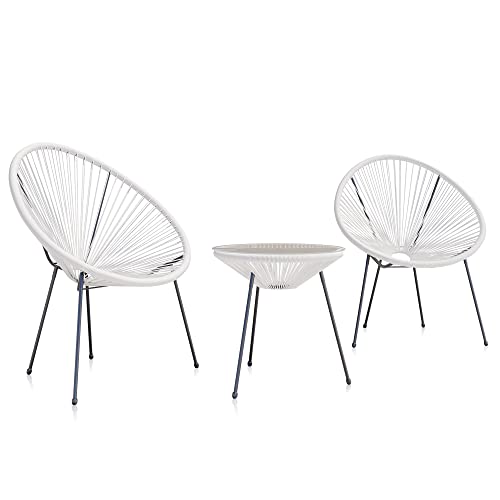 BELLEZE 3 Piece Modern Rattan Patio Bistro Set with Round Chairs and Glass Top Accent Table, Wicker Outdoor Furniture for Backyard or Porch - Acapulco (White)