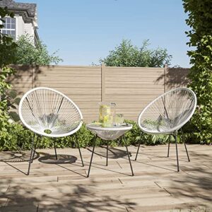 BELLEZE 3 Piece Modern Rattan Patio Bistro Set with Round Chairs and Glass Top Accent Table, Wicker Outdoor Furniture for Backyard or Porch - Acapulco (White)