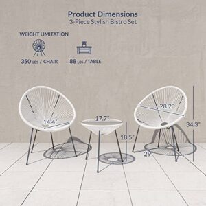 BELLEZE 3 Piece Modern Rattan Patio Bistro Set with Round Chairs and Glass Top Accent Table, Wicker Outdoor Furniture for Backyard or Porch - Acapulco (White)