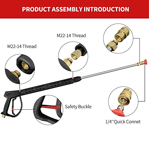 XUNCHI Pressure Washer Gun with Replacement Extension Wand, 5 Nozzle Tips Power Washer Gun with 3/8 Quick Connector 40 Inch, 4000 PSI