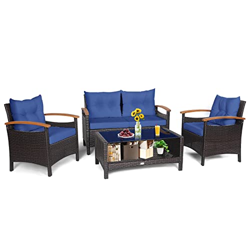 Tangkula 4 Piece Patio Rattan Conversation Set, Outdoor Wicker Sofa Set W/2-Layer Coffee Table, Backrest & Seat Cushions, Acacia Wood Curved Armrests, Suitable for Poolside, Backyard, Deck (1, Navy)