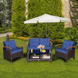 Tangkula 4 Piece Patio Rattan Conversation Set, Outdoor Wicker Sofa Set W/2-Layer Coffee Table, Backrest & Seat Cushions, Acacia Wood Curved Armrests, Suitable for Poolside, Backyard, Deck (1, Navy)