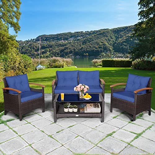 Tangkula 4 Piece Patio Rattan Conversation Set, Outdoor Wicker Sofa Set W/2-Layer Coffee Table, Backrest & Seat Cushions, Acacia Wood Curved Armrests, Suitable for Poolside, Backyard, Deck (1, Navy)