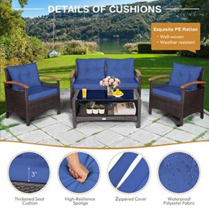 Tangkula 4 Piece Patio Rattan Conversation Set, Outdoor Wicker Sofa Set W/2-Layer Coffee Table, Backrest & Seat Cushions, Acacia Wood Curved Armrests, Suitable for Poolside, Backyard, Deck (1, Navy)