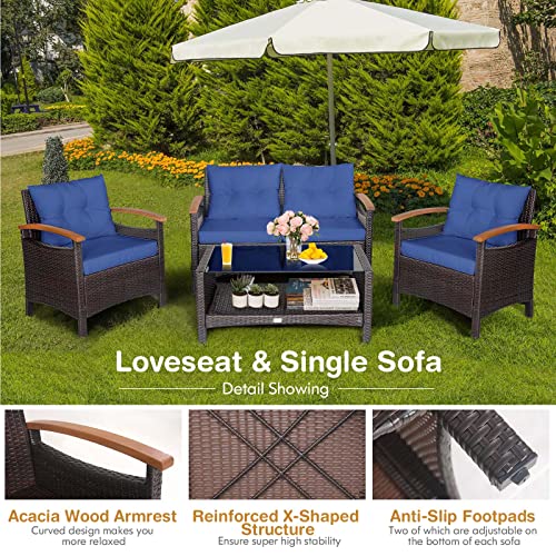 Tangkula 4 Piece Patio Rattan Conversation Set, Outdoor Wicker Sofa Set W/2-Layer Coffee Table, Backrest & Seat Cushions, Acacia Wood Curved Armrests, Suitable for Poolside, Backyard, Deck (1, Navy)