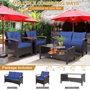 Tangkula 4 Piece Patio Rattan Conversation Set, Outdoor Wicker Sofa Set W/2-Layer Coffee Table, Backrest & Seat Cushions, Acacia Wood Curved Armrests, Suitable for Poolside, Backyard, Deck (1, Navy)