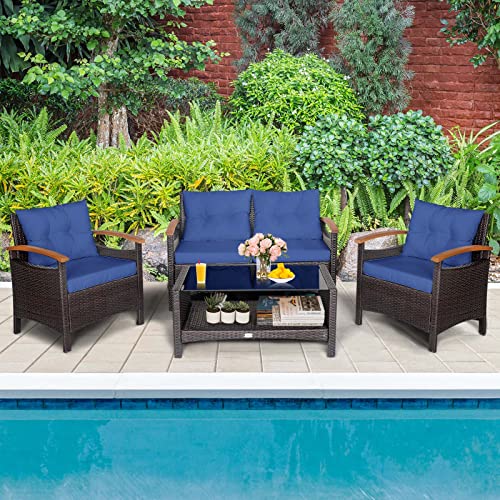 Tangkula 4 Piece Patio Rattan Conversation Set, Outdoor Wicker Sofa Set W/2-Layer Coffee Table, Backrest & Seat Cushions, Acacia Wood Curved Armrests, Suitable for Poolside, Backyard, Deck (1, Navy)