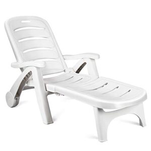 safstar patio chaise lounge chair, folding lounger chair with 2 flexible wheels & 5 adjustable positions, plastic lounge recliner for outside poolside beach sunbathing, assembly-free (1, white)