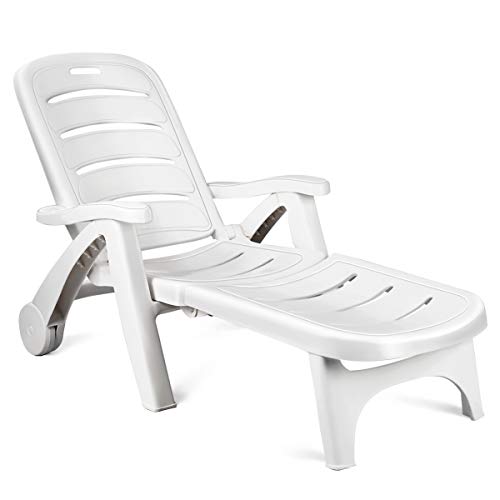 Safstar Patio Chaise Lounge Chair, Folding Lounger Chair with 2 Flexible Wheels & 5 Adjustable Positions, Plastic Lounge Recliner for Outside Poolside Beach Sunbathing, Assembly-Free (1, White)