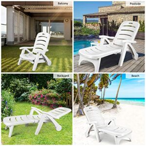 Safstar Patio Chaise Lounge Chair, Folding Lounger Chair with 2 Flexible Wheels & 5 Adjustable Positions, Plastic Lounge Recliner for Outside Poolside Beach Sunbathing, Assembly-Free (1, White)