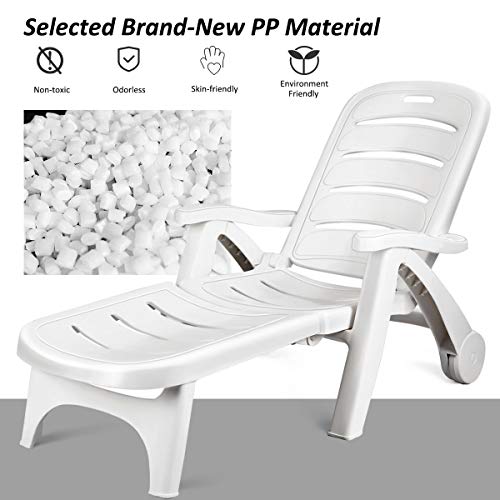 Safstar Patio Chaise Lounge Chair, Folding Lounger Chair with 2 Flexible Wheels & 5 Adjustable Positions, Plastic Lounge Recliner for Outside Poolside Beach Sunbathing, Assembly-Free (1, White)