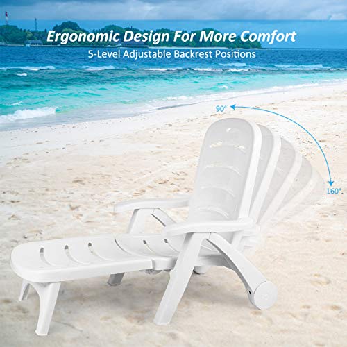 Safstar Patio Chaise Lounge Chair, Folding Lounger Chair with 2 Flexible Wheels & 5 Adjustable Positions, Plastic Lounge Recliner for Outside Poolside Beach Sunbathing, Assembly-Free (1, White)