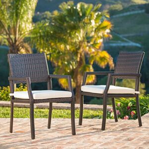 christopher knight home rhode island outdoor wicker dining chairs with water resistant cushions, 2-pcs set, multibrown / white