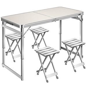 vivohome 4 ft aluminum portable 3 adjustable height folding picnic table with 4 stools set lightweight for camping bbq party backyard indoor outdoor