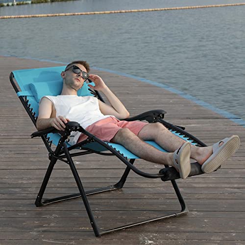 Ezcheer Oversized Zero Gravity Chair with Foot Rest Cushion, 31.5 inches Wide Folding Beach Recliner,Support up to 402 lbs Lounge Chair Yard Chair with Cup Holder