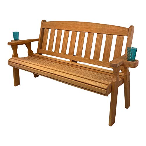 Amish Heavy Duty 800 Lb Mission Pressure Treated Garden Bench with Cupholders (5 Foot, Cedar Stain)