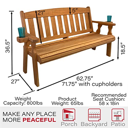 Amish Heavy Duty 800 Lb Mission Pressure Treated Garden Bench with Cupholders (5 Foot, Cedar Stain)