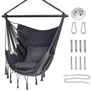hblife hammock chair, max 330 lbs, 2 pillows included, dark gray hanging chair with pocket and macrame, swing rope chair for bedroom, backyard and deck