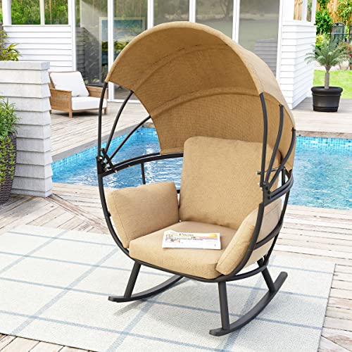 Crestlive Products Patio Egg Chair, Outdoor Indoor Rocking Sofa Chair with Folding Canopy, All Weather Aluminum Lounge Chair w/Cushion & Sun Shade Cover for Living Room, 265lb Capacity (Black & Tan)