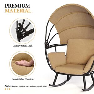 Crestlive Products Patio Egg Chair, Outdoor Indoor Rocking Sofa Chair with Folding Canopy, All Weather Aluminum Lounge Chair w/Cushion & Sun Shade Cover for Living Room, 265lb Capacity (Black & Tan)