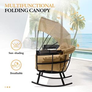 Crestlive Products Patio Egg Chair, Outdoor Indoor Rocking Sofa Chair with Folding Canopy, All Weather Aluminum Lounge Chair w/Cushion & Sun Shade Cover for Living Room, 265lb Capacity (Black & Tan)