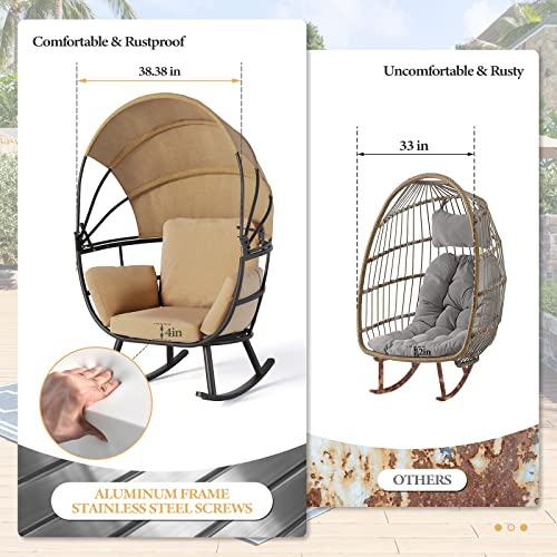 Crestlive Products Patio Egg Chair, Outdoor Indoor Rocking Sofa Chair with Folding Canopy, All Weather Aluminum Lounge Chair w/Cushion & Sun Shade Cover for Living Room, 265lb Capacity (Black & Tan)