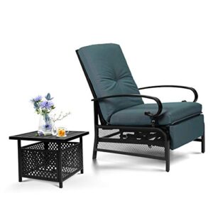 oakcloud adjustable outdoor lounge chair metal patio relaxing recliner chair set with bistro table and removable cushions(peacock blue)